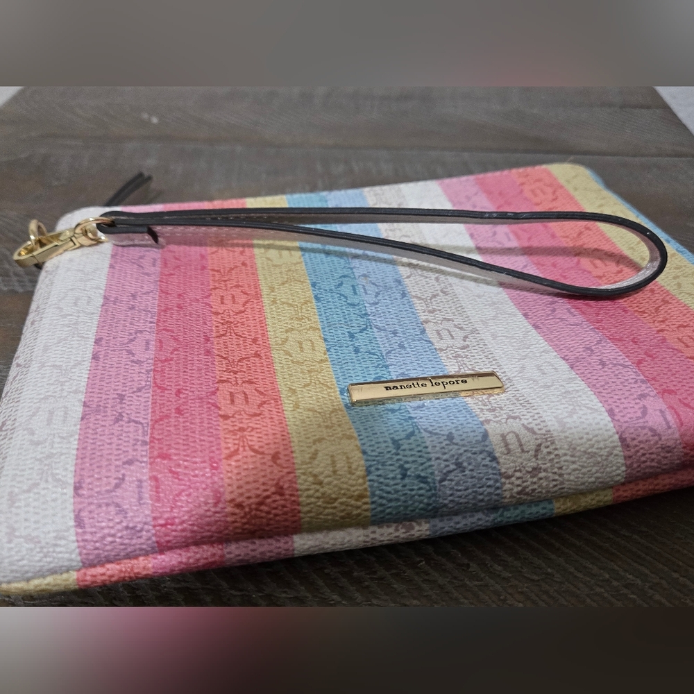 Nanette Lepore Wristlet Logo Summer Stripe Multi Pastel Colors Pouch Wallet - Picture 11 of 15